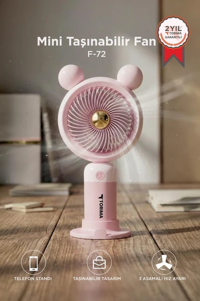 Şarjlı El Vantilatörü Telefon Standlı 3 Kademeli Ayıcıklı Taşınabilir Masa Fanı F72 Pembe ürün görseli 1