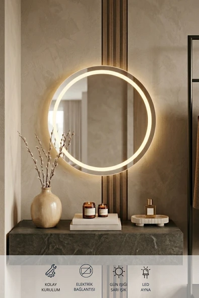 50 Cm Kumlamalı Led Ayna, Banyo, Antre, Salon, Dekoratif Gün ışığı Duvar Aynası ürün görseli 1