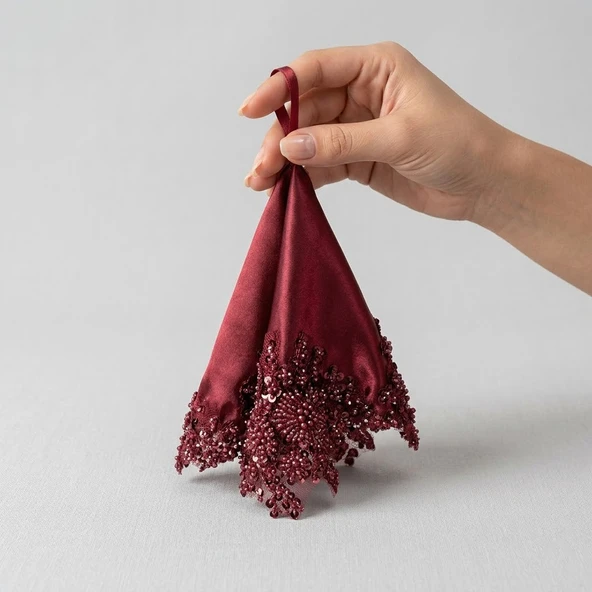 Bordo El İşlemesi Taşlı ve Boncuklu Gelin Mendili - 40 cm Kına Mendili Gelin El Aksesuarı ürün görseli 1
