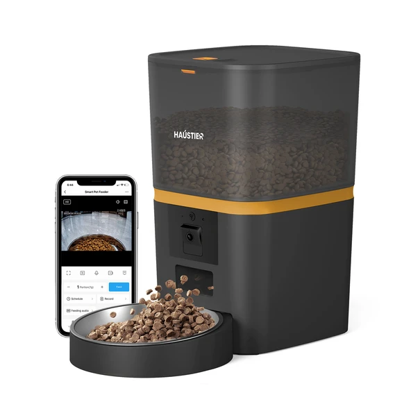 Haustier QQ009 Siyah Gece Görüşlü 1080P FHD kameralı, Akıllı Kedi Köpek Otomatik Mama Kabı, Tuya App-Wifi Uzaktan Kontrol, Sesle Çağırma, 2.4Ghz-5Ghz, 6Lt hazne, Metal Kase ürün görseli 1
