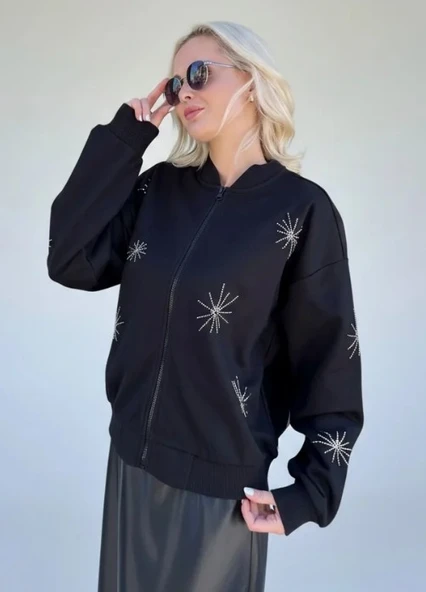 ÖNÜ NAKIŞ İŞLEMELİ TÜL KAPLI SWEAT BOMBER - Resim 4