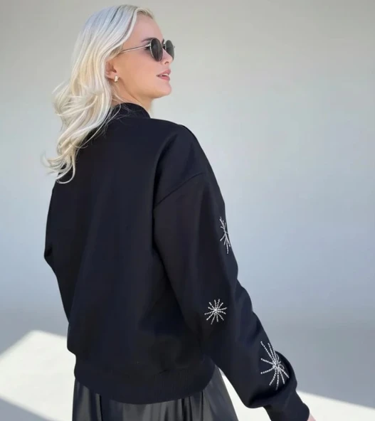 ÖNÜ NAKIŞ İŞLEMELİ TÜL KAPLI SWEAT BOMBER - Resim 5