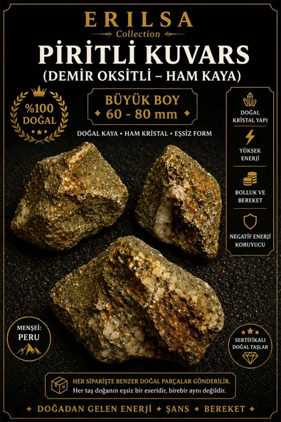 Sertifikalı Piritli Kuvars Demir Oksitli Kütle - Doğal Kaya Büyük Boy 60-80 mm Koleksiyonluk Taş ürün görseli 1