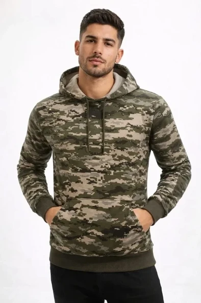 Vexor Erkek Kamuflaj Desenli 2 İplik 4 Mevsim Kapüşonlu Kanguru Cepli Hoodie Sweatshirt - Kamuflaj ürün görseli 1