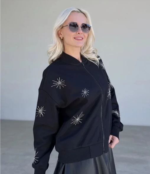 ÖNÜ NAKIŞ İŞLEMELİ TÜL KAPLI SWEAT BOMBER - Resim 3
