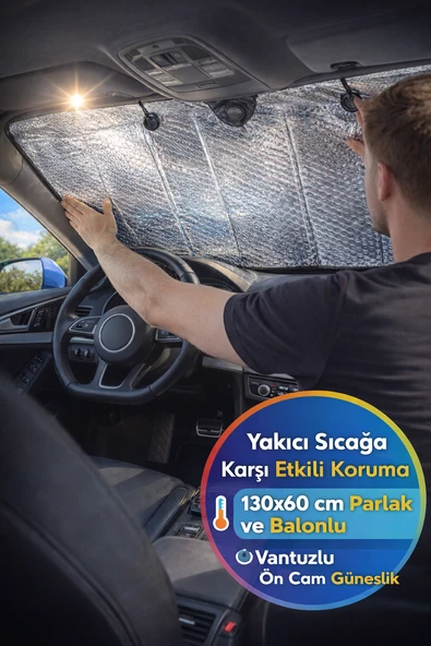 Vantuzlu Araç Ön Cam Güneşlik 130x60 cm Katlanabilir Oto Güneş Koruyucu Parlak ürün görseli 1