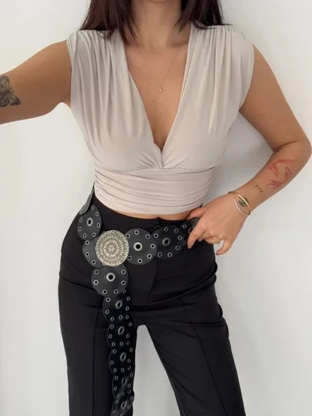 Vexor Vatkalı Kolsuz V Yaka Drapeli Crop Bluz Likralı Fit - Boyalı Gri ürün görseli 1
