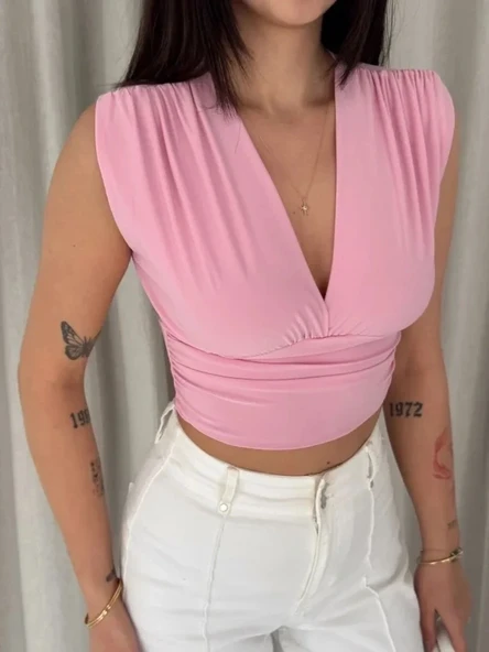 Vexor Vatkalı Kolsuz V Yaka Drapeli Crop Bluz Likralı Fit - Pembe ürün görseli 1