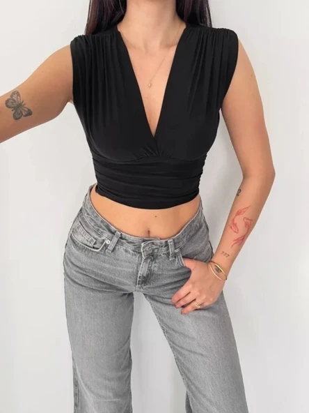 Vexor Vatkalı Kolsuz V Yaka Drapeli Crop Bluz Likralı Fit - Siyah ürün görseli 1