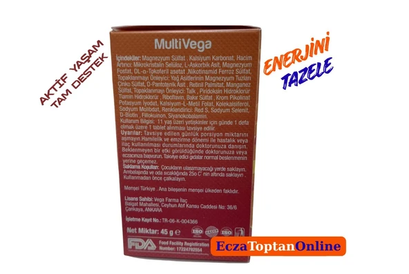 Multivega MULTİVİTAMİN MİNERAL 30 TB - Resim 3