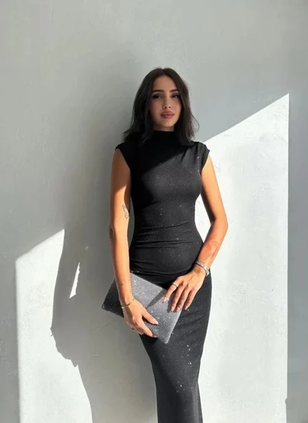 Vexor Likralı Simli Kumaş Yandan Yırtmaçlı Uzun Elbise Şık Kolsuz Abiye - Siyah ürün görseli 1