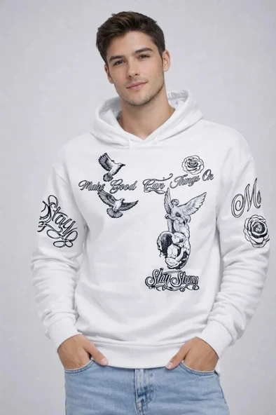 Vexor Erkek 3 İplik Pamuklu Kapüşonlu Baskılı SweatShirt Hoodie - Beyaz ürün görseli 1