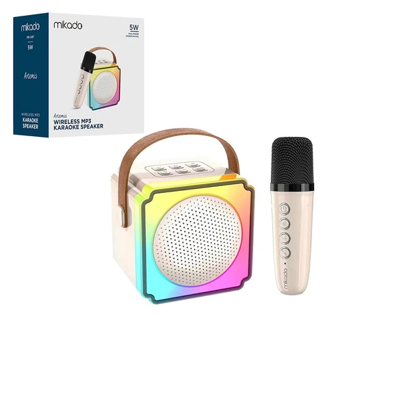 BEYAZ KARAOKE MİKROFONLU WİRELESS HOPARLÖR - SPEAKER IŞIKLI USB ŞARJLI BT - TF CARD - AUX 5W (5517) ürün görseli 1