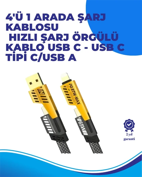 65w 4'ü 1 Arada Çoklu Şarj Kablosu - Usb-c, Usb-a, Lightning, Veri Ve Şarj Desteği ürün görseli 1