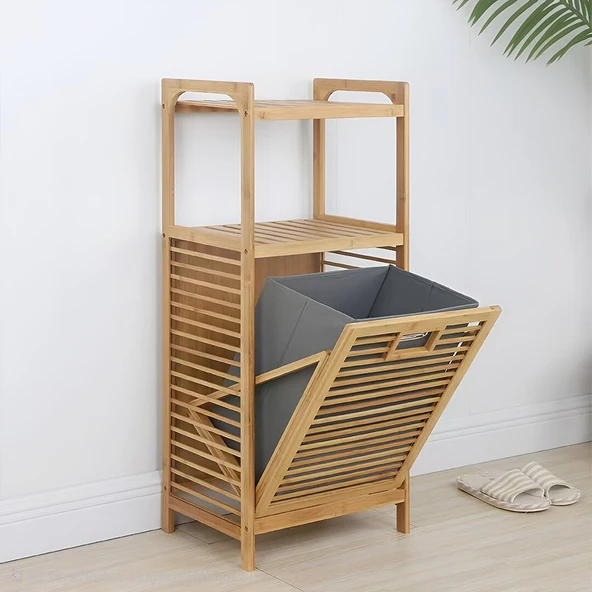 2 ORGANİZER RAFLI - ÇEK AÇ SEPET AHŞAP BAMBU KİRLİ ÇAMAŞIR SEPET 40X35X95CM (5250) ürün görseli 1