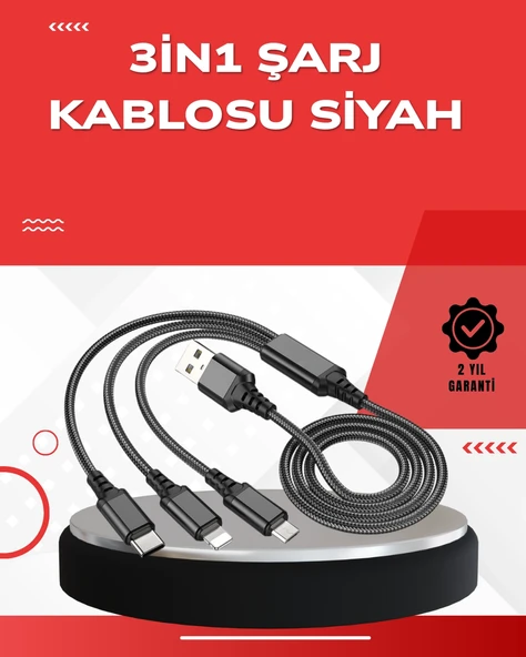 Dayanıklı Metal Başlıklı 3 ü 1 Arada Şarj Kablosu - Tüm Cihazlarla Uyumlu ürün görseli 1