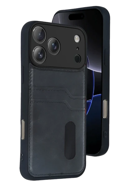 Mey İthalat®   iPhone 17 Pro Max Sara Kartvizitli Deri Kılıf - Siyah ürün görseli 1
