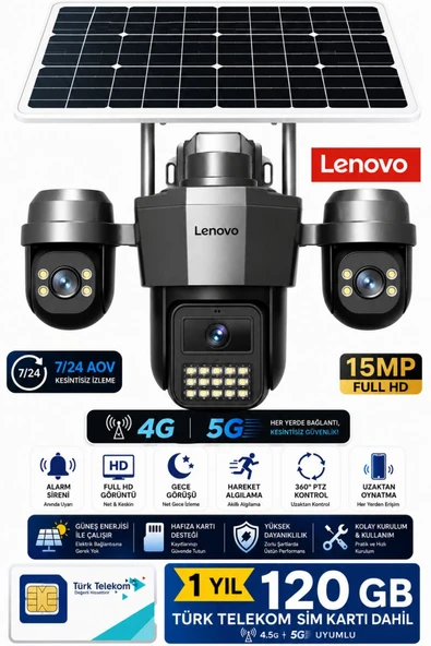 Lenovo G4W19 3 Lensli 4G SIM Kartlı 360° PTZ Solar Güvenlik Kamerası Güneş Panelli Gece Görüşlü Dış Mekan ürün görseli 1
