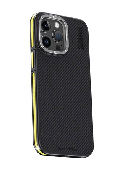 Mey İthalat®   iPhone 15 Pro Max Kılıf Aramid 600D Kevlar Karbon Fiber Magsafe Kapak - Sarı ürün görseli 1
