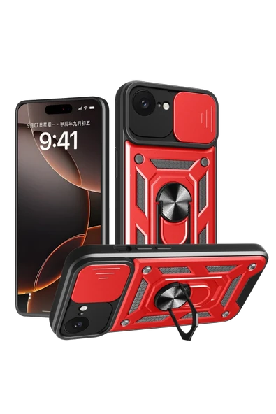 Mey İthalat®   iPhone 16E Kılıf Pars Lens Yüzüklü Silikon - Kırmızı ürün görseli 1