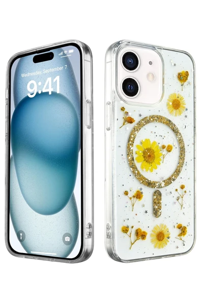 Mey İthalat®   iPhone 12 Kılıf Daisy Simli Magsafe Kapak - Gold ürün görseli 1