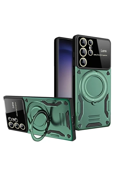 Mey İthalat®  Samsung Galaxy S24 Ultra Kılıf Joy Lens Standlı Kapak - Koyu Yeşil ürün görseli 1
