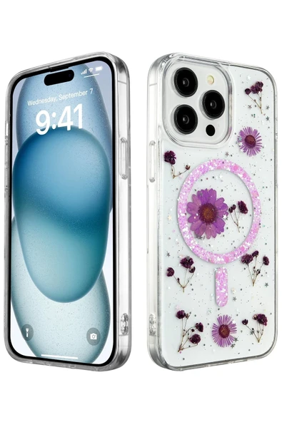 Mey İthalat®   iPhone 14 Pro Max Kılıf Daisy Simli Magsafe Kapak - Mor ürün görseli 1