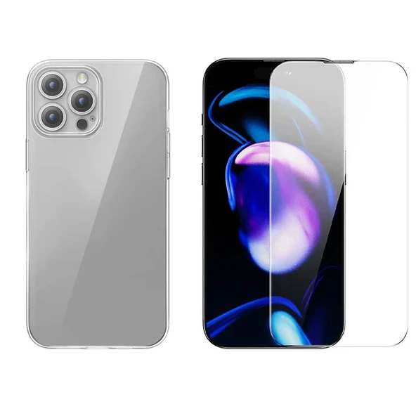 Baseus iPhone 15 Pro Schott Serisi Şeffaf Silikon Kılıf + Tempered Ekran Koruyucu Set-1852 ürün görseli 1