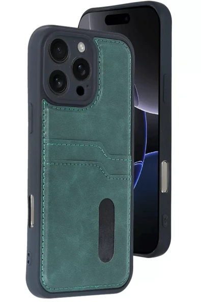 Newface Apple iPhone 16 Pro Kılıf Sara Kartvizitli Deri Kılıf - Koyu Yeşil ürün görseli 1