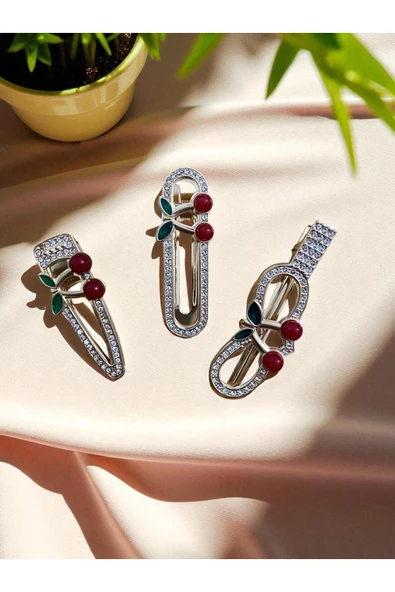 ?Kiraz Desenli Kristal Taşlı Elips Metal Pens Yan Toka 3’lü Set – Şık ve Zarif Aksesuar ürün görseli 1