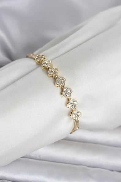Pirinç Gold Renk Yonca Model Zirkon Taşlı Kadın Bileklik ürün görseli 1