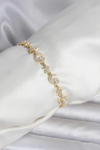 Pirinç Gold Renk Zirkon Taşlı Ay Yıldız Model Kadın Bileklik ürün görseli 1