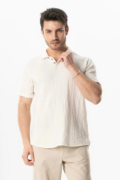 Kısa Kol Polo Yaka Müslin Yazlık Tshirt Kırık Beyaz KrkByz ürün görseli 1