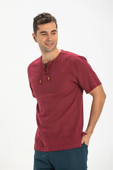 Büyük Beden Kısa Kol Şile Bezi Zımbalı Erkek Yazlık Tshirt Koyu Bordo 3068 ürün görseli 1