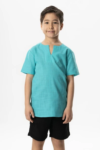 Kısa Kol Şile Bezi Bisiklet Yaka Yazlık Erkek Çocuk Tshirt Açık Turkuaz 3075 ürün görseli 1
