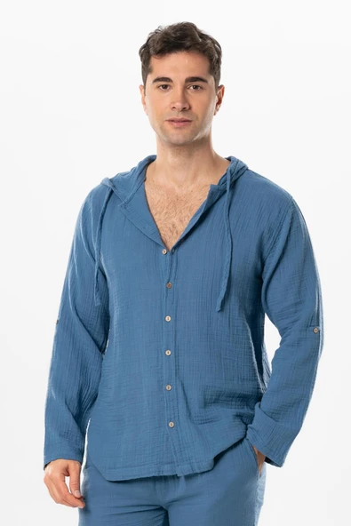 Uzun Kol Erkek Kapüşonlu Yazlık Müslin Sweatshirt İndigo indg ürün görseli 1