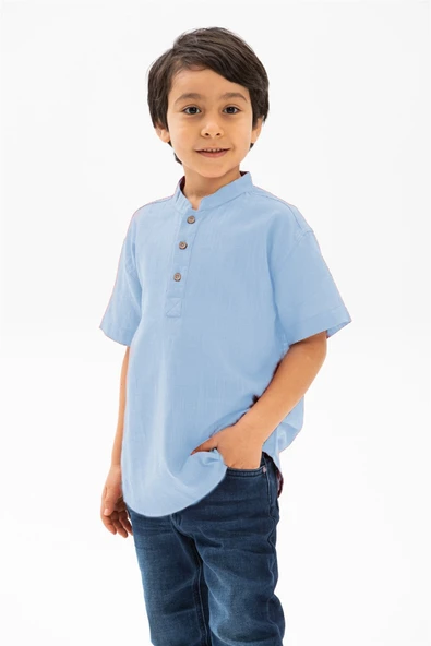 Kısa Kol Şantuklu Pamuk Bodrum Yazlık Erkek Çocuk Tshirt Açık Mavi 3074 ürün görseli 1