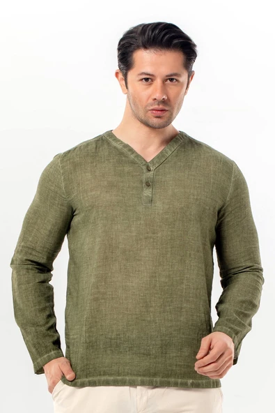 Uzun Kol Bora V Yaka Düğmeli Poplin Erkek Tişört | Yazlık Erkek Tshirt Açık Haki Ahk ürün görseli 1