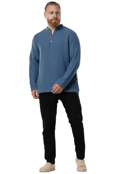 Uzun Kol Erkek Hakim Yaka Double Müslin Sonbahar ve Kışlık Sweatshirt İndigo indg ürün görseli 1