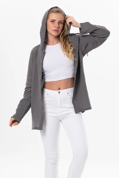 Uzun Kol Kapüşonlu Kadın Yazlık Müslin Sweatshirt Gri Gri ürün görseli 1