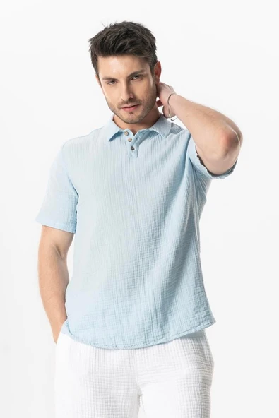 Kısa Kol Polo Yaka Müslin Yazlık Tshirt Buz Mavi Bmv ürün görseli 1