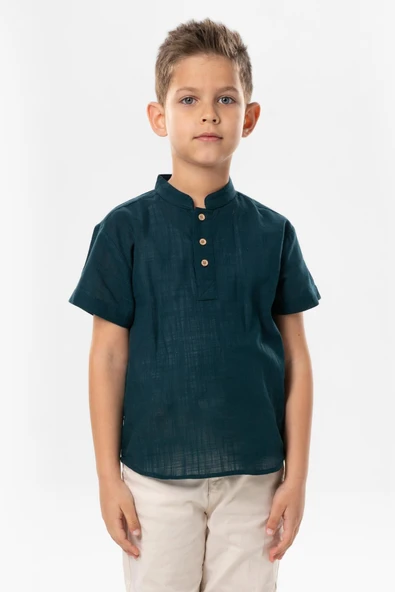 Kısa Kol Şantuklu Pamuk Bodrum Yazlık Erkek Çocuk Tshirt Koyu Petrol 3069 ürün görseli 1
