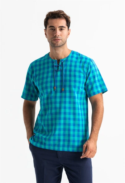 Kısa Kol Şile Bezi Zımbalı Erkek Yazlık Tshirt Mint Kareli 3033 ürün görseli 1