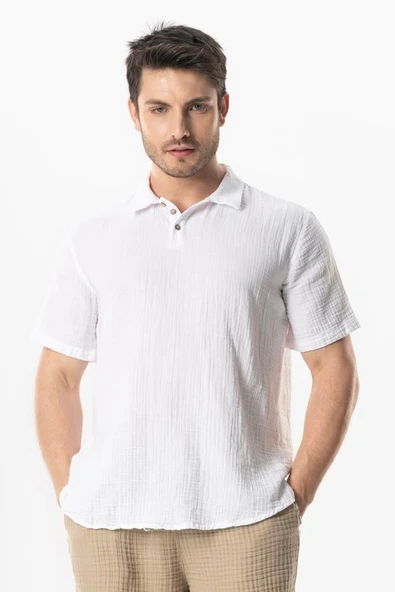 Kısa Kol Polo Yaka Müslin Yazlık Tshirt Beyaz Byz ürün görseli 1