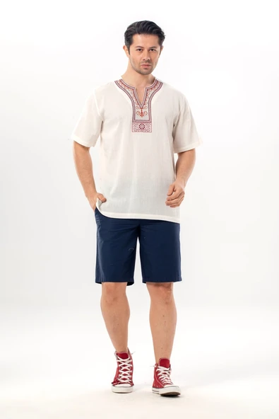 Kısa Kol Şile Bezi Bisiklet Yaka Etnik Erkek Yazlık T-shirt Krem Krm ürün görseli 1