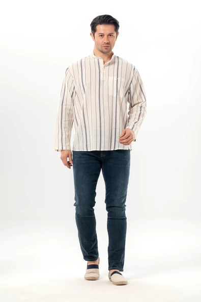 Uzun Kol Şile Bezi Tek Cepli Hakim Yaka Erkek Yazlık Tshirt Ekru Gri Çizgili 3028 ürün görseli 1