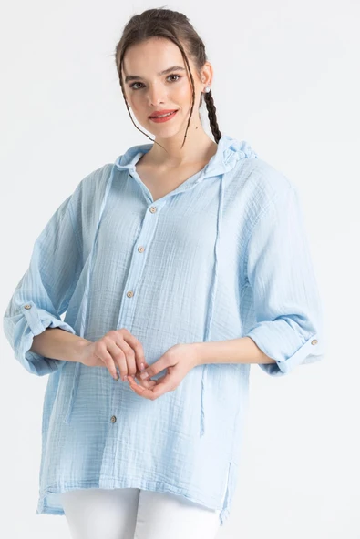 Uzun Kol Kapüşonlu Kadın Yazlık Müslin Sweatshirt Buz Mavi Bmv ürün görseli 1