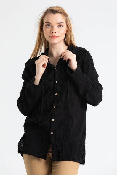 Uzun Kol Kapüşonlu Kadın Yazlık Müslin Sweatshirt Siyah Syh ürün görseli 1
