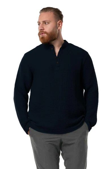 Uzun Kol Erkek Hakim Yaka Double Müslin Sonbahar ve Kışlık Sweatshirt Siyah Syh ürün görseli 1