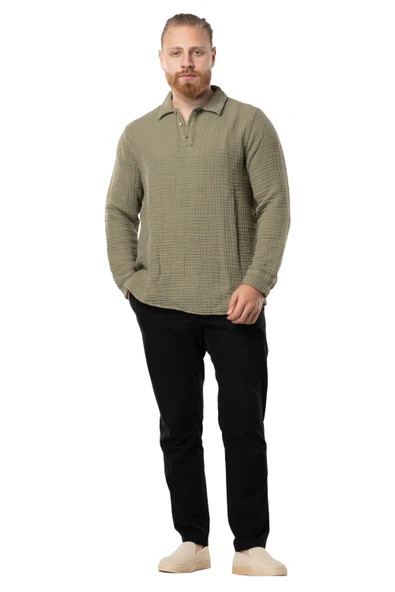 Uzun Kol Double Müslin Erkek Sonbahar ve Kışlık Sweatshirt Haki Hk ürün görseli 1